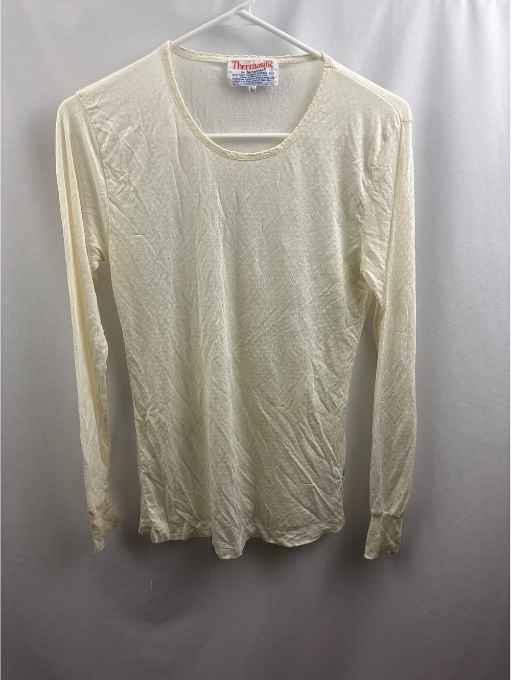 Vtg Thermasilk by Terramar Womens Ivory 100% Silk Size Large Long Sleeve Shirt